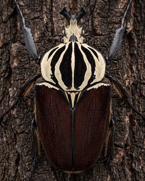 Dorsal top down view of a massive male goliath beetle on tree bark