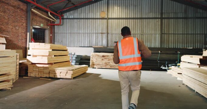 Excited, man or carpenter in workshop with dance, clipboard or success for woodwork procurement deal. Happy, black person and groove in factory with checklist, celebration and carpentry achievement.