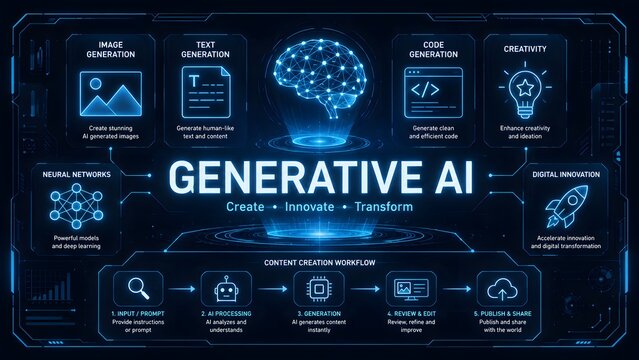 Futuristic digital infographic displaying generative artificial intelligence concepts with a central brain icon and various technological data processing elements