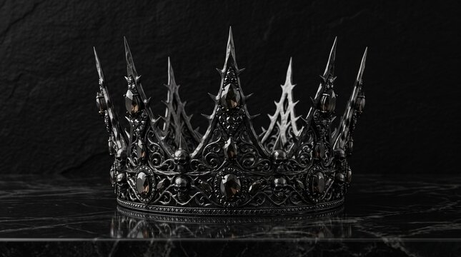 A dark gothic crown with sharp metallic spikes, skull motifs, and dark black gemstones set against a textured dark marble background.