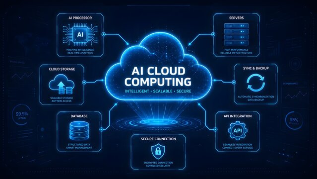 Abstract digital background showing artificial intelligence cloud computing network infrastructure with connected data icons and glowing blue technology elements