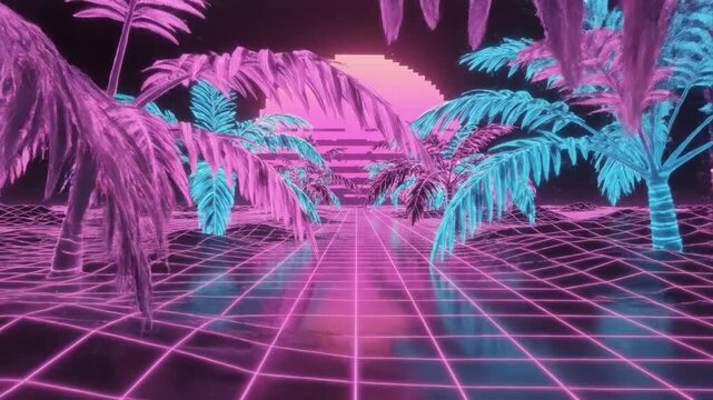 Retro 80s synthwave landscape with neon palm trees and wireframe grid floor under a pixelated sun
