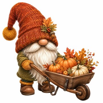 A cute autumn gnome with a knitted orange hat pushes a wooden wheelbarrow filled with pumpkins and fall leaves.