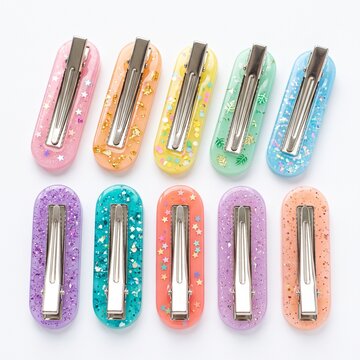 Colorful resin hair clips with glitter, set of 10 pastel hair barrettes for girls, sparkly fashion hair accessories on white background