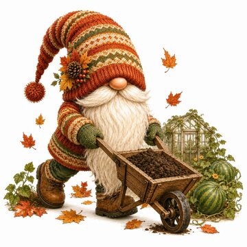 A whimsical gnome in a striped autumn hat pushes a wheelbarrow filled with soil, surrounded by pumpkins, leaves, and a small greenhouse.