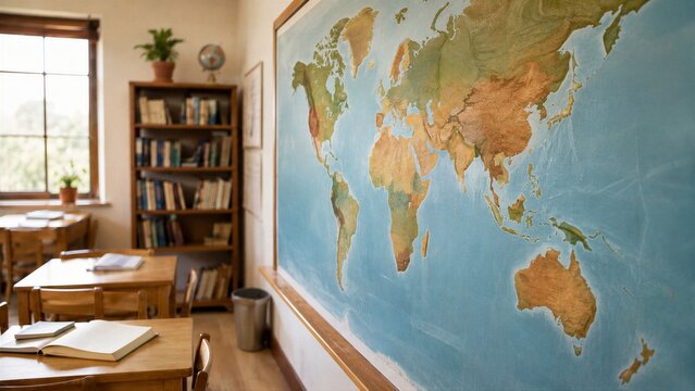 Classroom interior with large world map on wall. Wooden desk with open book for student study. Educational environment in school library.