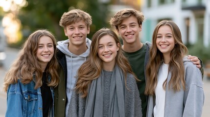 Fototapeta premium Five smiling teenage friends outdoors during autumn with shallow depth of field conveying youthful connection