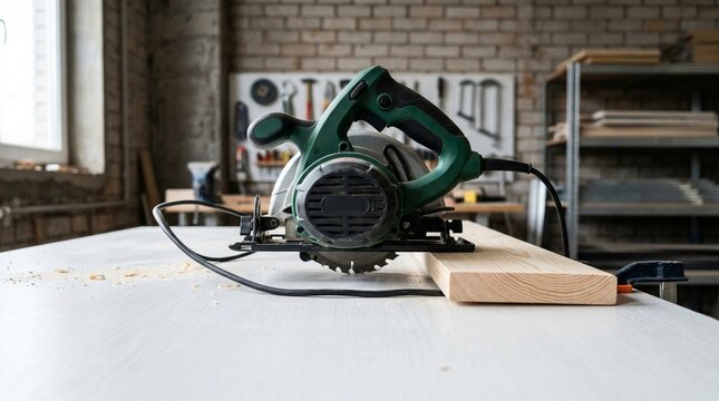 Circular saw on a wooden board in a workshop