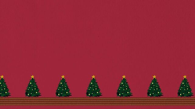 Festive Christmas trees sliding on ribbon over red background for holiday greetings and video title card, suitable for celebration, ads, promotion, etc.