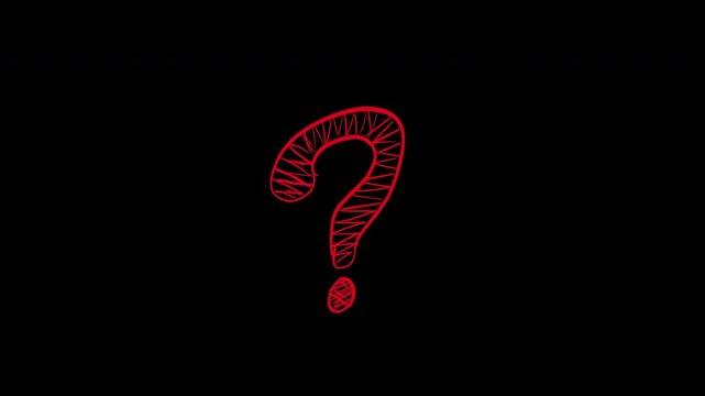 Red scribbled question mark symbol on black background.