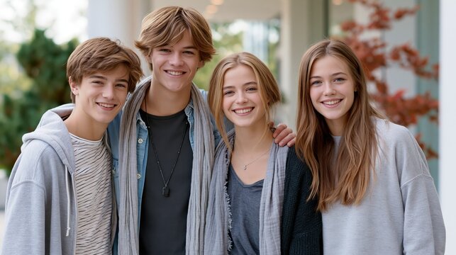Four smiling teenagers standing together outdoors in natural daylight with shallow depth of field creating a youthful and relatable concept