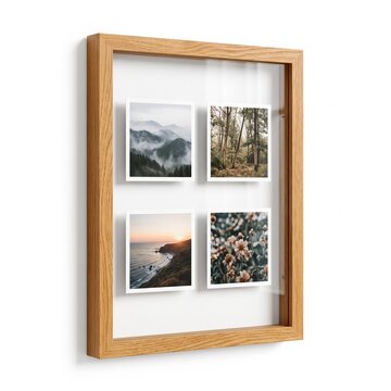 Minimalist oak wood shadow box frame, modern floating picture frame with four nature photos, elegant wooden gallery wall art display on white background