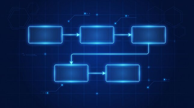 Digital Flowchart Network Diagram Blue Neon Technology Concept