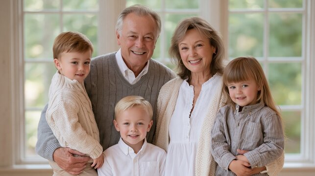Smiling Caucasian grandparents holding their two young grandchildren with a happy family portrait during a bright day