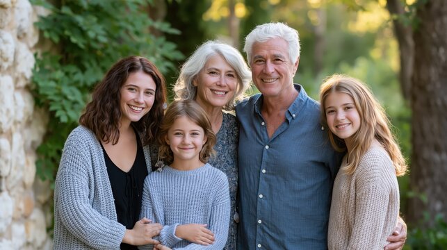 Happy multi-generational Caucasian family with grandparents and grandchildren posing outdoors during golden hour sunlight