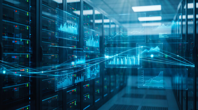 Network administrator monitoring data traffic and server analytics in technology data center with monitoring analytics technology infrastructure holographic computing security connection