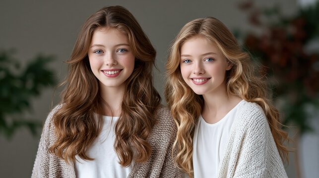 Two young sisters smiling with soft natural light during a close-up portrait with shallow depth of field