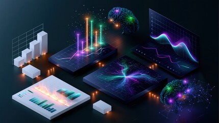 Obraz premium Abstract data visualizations and neural networks with glowing analytics during a digital presentation against a dark background