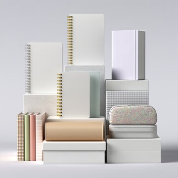 Back-to-School Notebooks and Pencil Cases Display with Shelf Risers on Neutral Surface