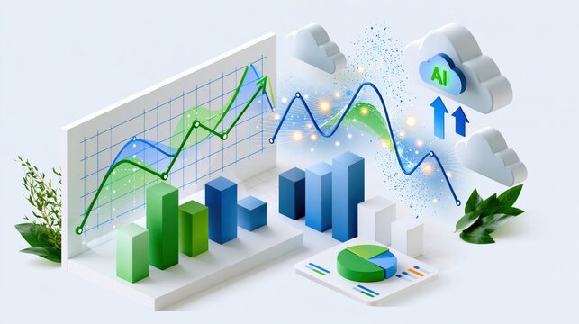 Financial growth charts with upward arrows connecting to cloud servers labeled AI during digital data analysis