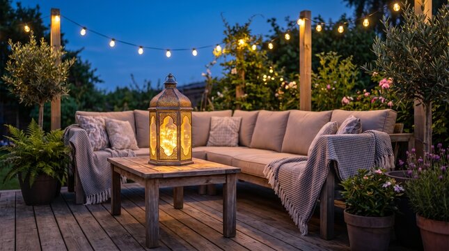 Cozy backyard patio at dusk with string lights, outdoor lounge furniture with cushions and lantern, atmospheric garden terrace for summer evening relaxation