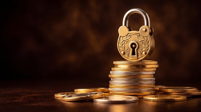 Vintage brass padlock on stack of gold coins, financial security and wealth protection concept, ornate antique lock securing money savings