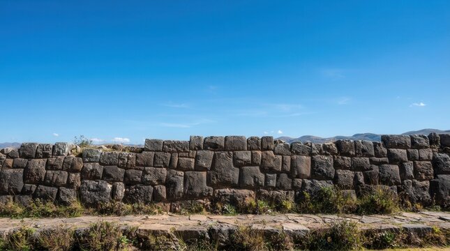 Ancient Inca Stone Wall Under a Clear Blue Sky.