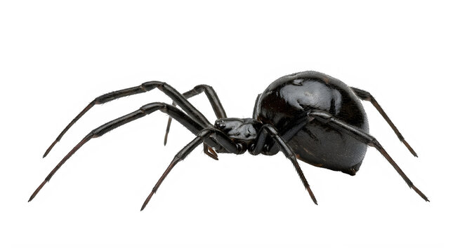 A detailed side view of a shiny black spider with a round abdomen isolated on transparent background