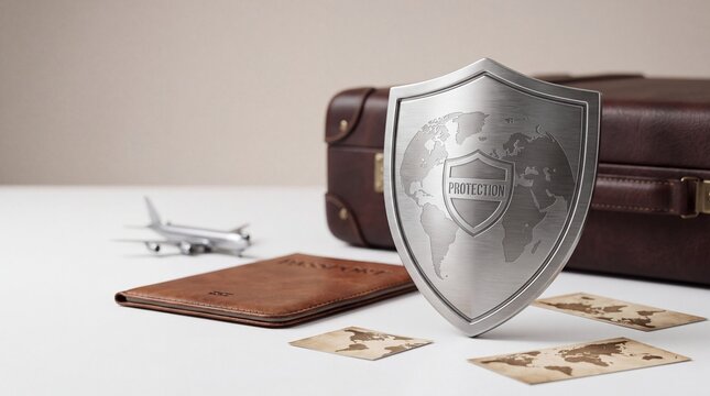 Travel insurance concept with silver shield, vintage leather suitcase and passport, global protection for international tourism and business trips