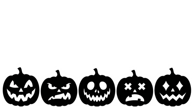 A row of five black spooky jack o lantern pumpkin silhouettes for halloween celebration isolated on transparent background