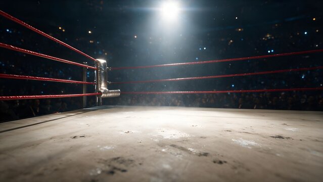 Empty boxing ring illuminated by a bright overhead stadium spotlight featuring vibrant red ropes and dusty canvas flooring for intense athletic competition in a dark arena