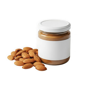 A jar of creamy almond butter surrounded by whole almonds