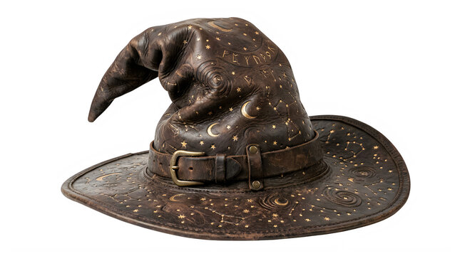 A vintage brown leather wizard hat decorated with golden stars and moon patterns isolated on transparent background