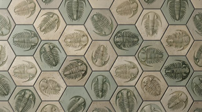 A repeating pattern of trilobite fossils on hexagonal tiles, creating a textured background.