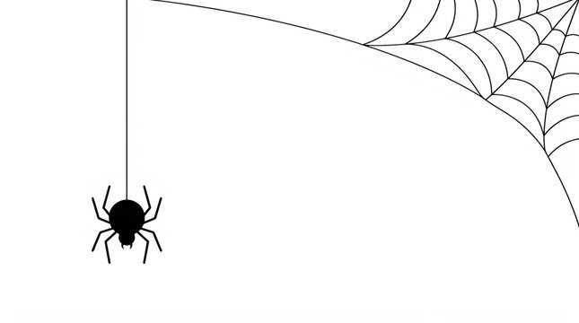 A black silhouette of a small spider hanging from a detailed web corner isolated on transparent background