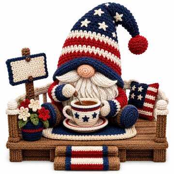 A crocheted gnome with an American flag-themed hat and blanket, sitting on a wooden bench, stirring a cup of coffee surrounded by patriotic decorations and flowers.