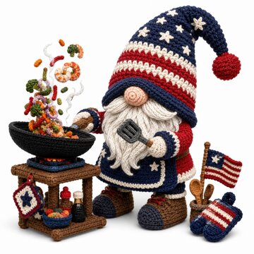 A crocheted gnome dressed in an American flag outfit cooks colorful vegetables in a wok, surrounded by patriotic kitchen accessories.