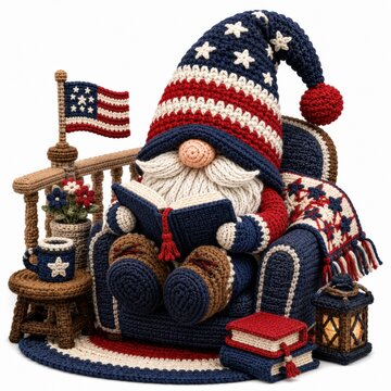 A knitted gnome dressed in a patriotic red, white, and blue outfit reads a book while sitting in a cozy armchair surrounded by American-themed decor.