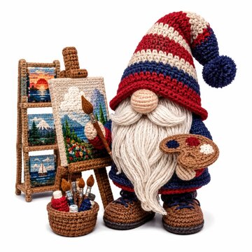 A crocheted gnome artist holds a paintbrush and palette, standing beside an easel displaying colorful landscape paintings.