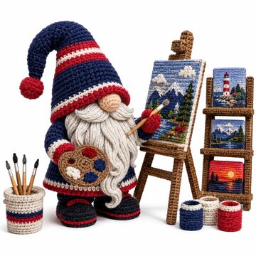 A crocheted gnome artist paints mountain and lighthouse scenes on canvases, surrounded by brushes, paint jars, and a palette, all crafted with yarn.