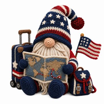 A knitted gnome dressed in American flag colors holds a world map, surrounded by patriotic luggage and a flag, symbolizing travel and adventure.