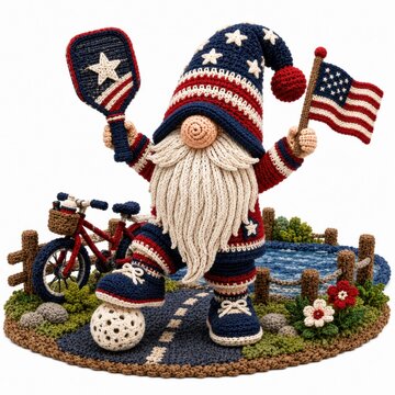 A patriotic gnome dressed in stars and stripes holds a flag and paddle next to a bike by a pond with flowers and a wooden fence.