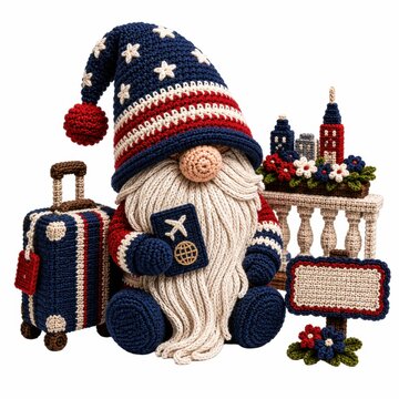 A crocheted gnome with an American flag hat holds a passport, sitting next to a suitcase, miniature buildings, and a sign, symbolizing travel and patriotism.
