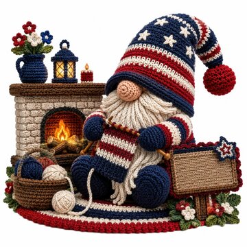 A knitted gnome with an American flag hat and scarf sits by a cozy fireplace, surrounded by yarn, flowers, and a blank sign.