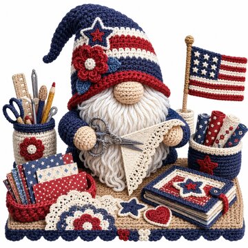 A patriotic crochet gnome with red, white, and blue decorations holds lace, surrounded by crafting supplies and an American flag.