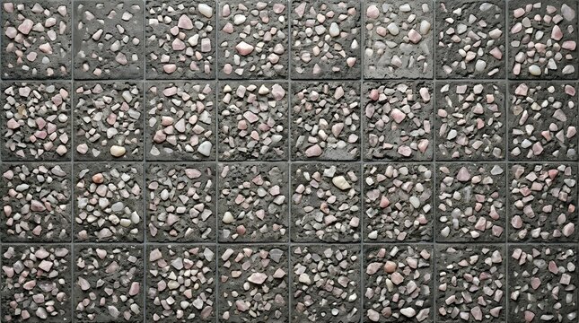 Rustic terrazzo floor tile surface featuring pink quartz stone chips embedded in grey cement for architectural style.