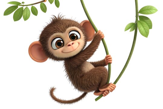Cute cartoon baby monkey hanging from a green vine