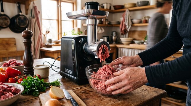 Woman using electric meat grinder in rustic kitchen setting