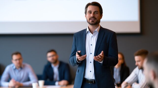A man in a suit standing in front of a group of people in a conference room, gesturing with his hands.