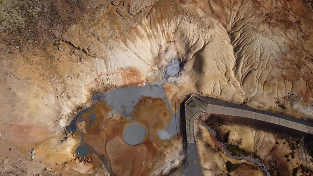 Aerial view of Landmannalaugar geothermal area with colorful rhyolite mountains, steaming vents, and wooden boardwalks in Landmannalaugar, Rangarthing ytra, Iceland.